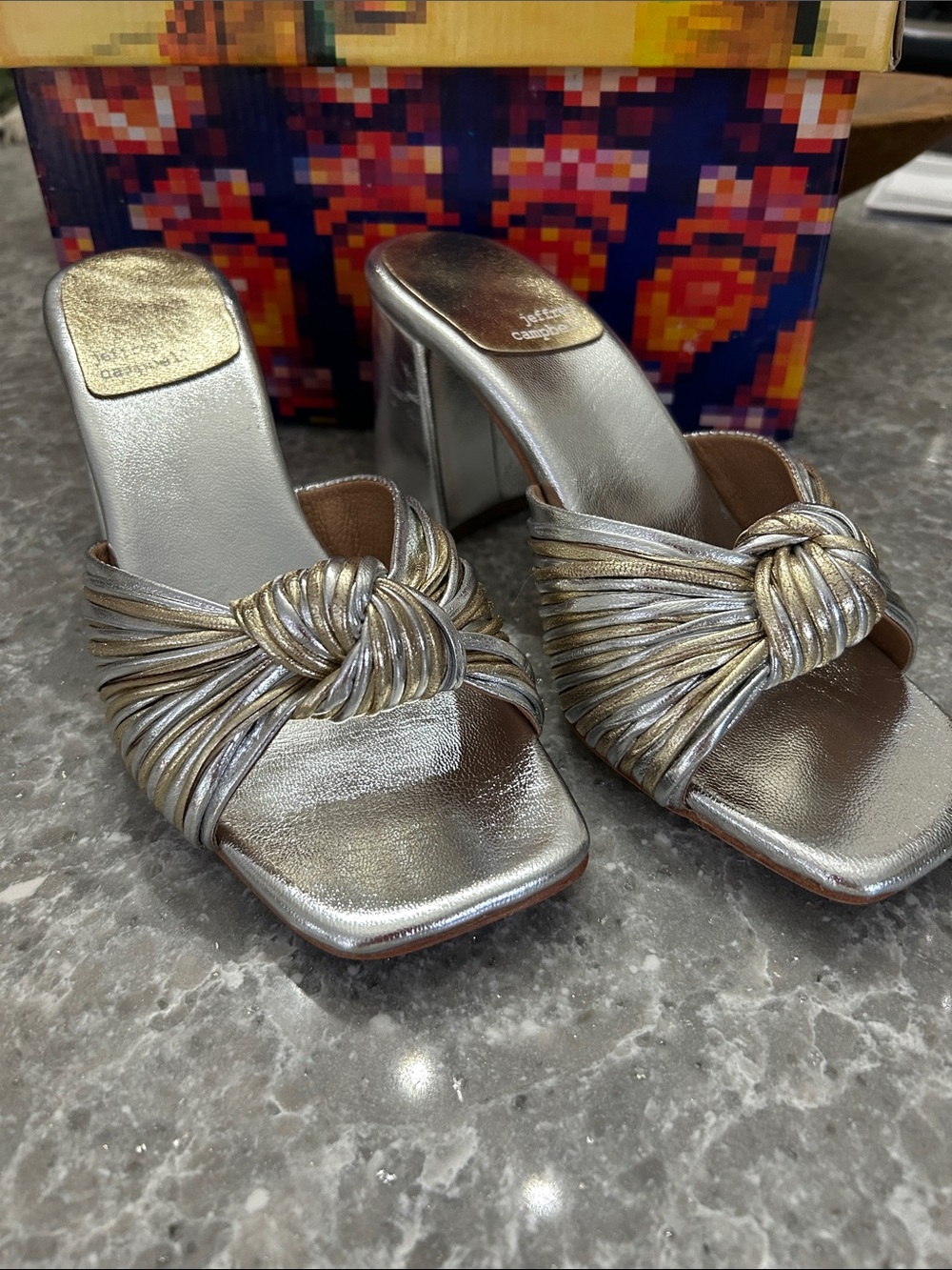Jeffrey Campbell Silver/Gold Knotted Block Heel Slide Sandals - Picture 2 of 12